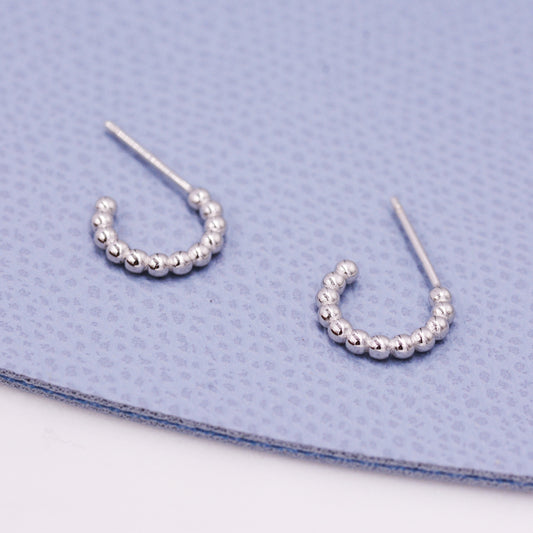 Dotted Open Hoop Stud Earrings in Sterling Silver, Beaded Hoop Earrings, Pebble Hoops