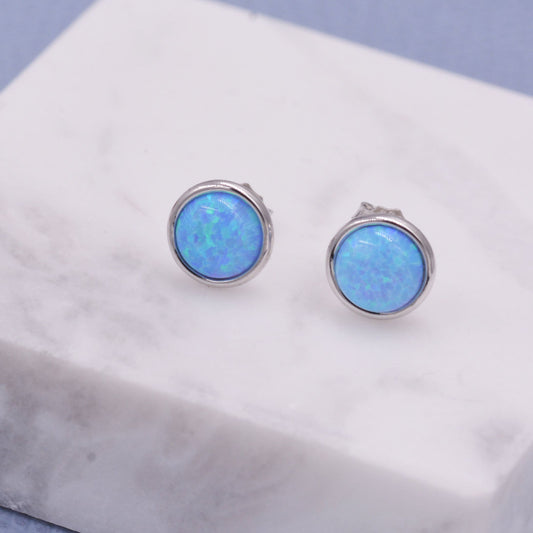 Sterling Silver Blue Opal  Stone Crystal Stud Earrings. Gold or Silver, Round Minimalist Dot Geometric Design. bridesmaid jewellery.