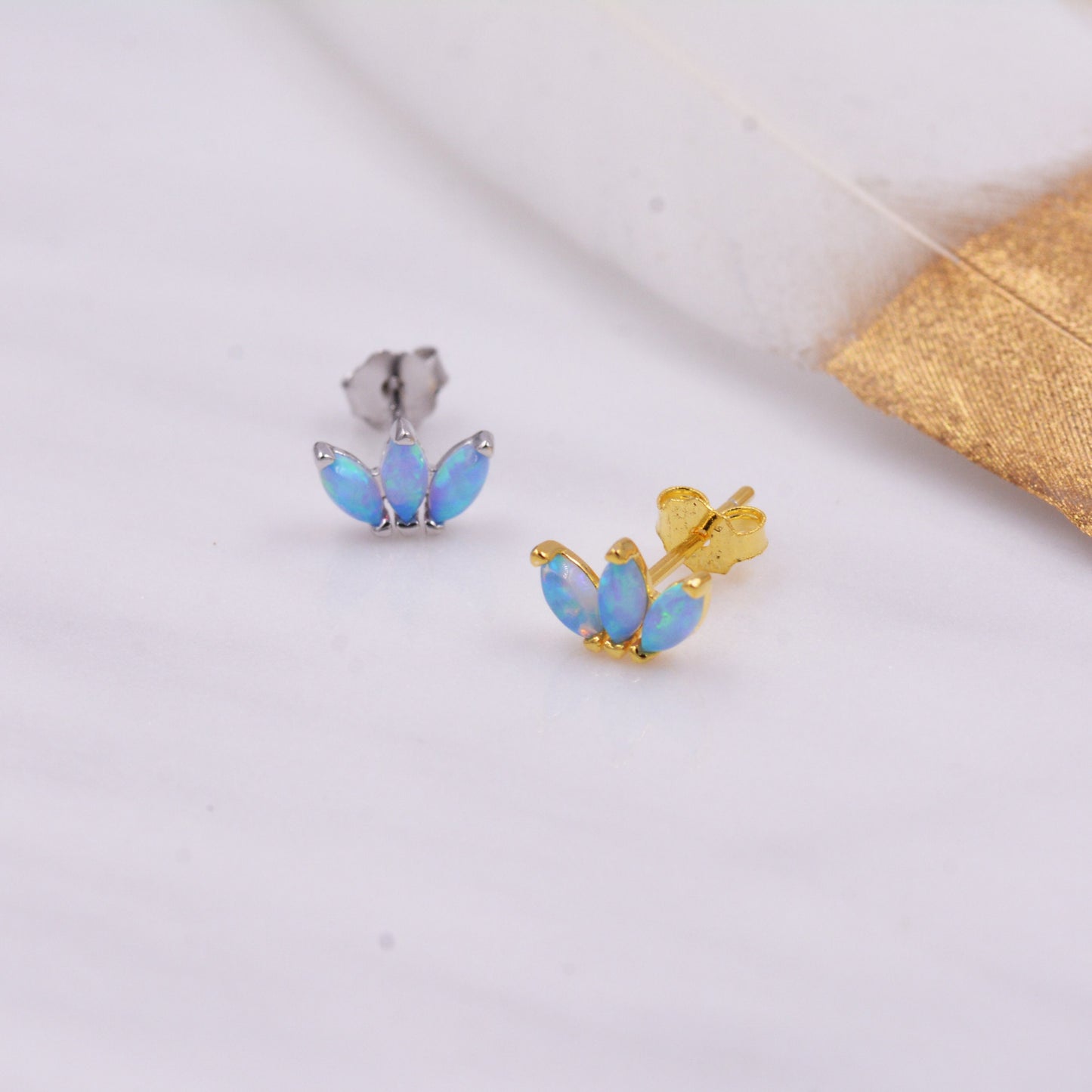 Sterling Silver Blue Opal Marquise Cluster Stud Earrings, Marquise Fan Stud, Opal Crown Stud, Gold or Silver, Minimalist Geometric Design