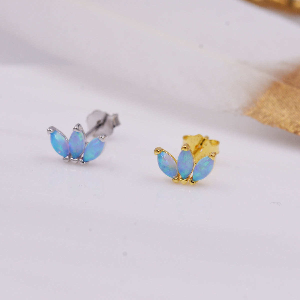 Sterling Silver Blue Opal Marquise Cluster Stud Earrings, Marquise Fan Stud, Opal Crown Stud, Gold or Silver, Minimalist Geometric Design