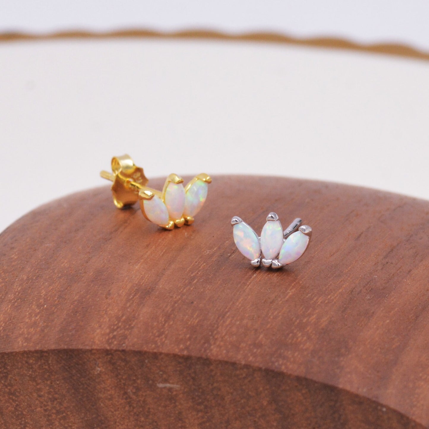 Sterling Silver White Opal Marquise Cluster Stud Earrings, Marquise Fan Stud, Opal Crown Stud, Gold or Silver, Minimalist