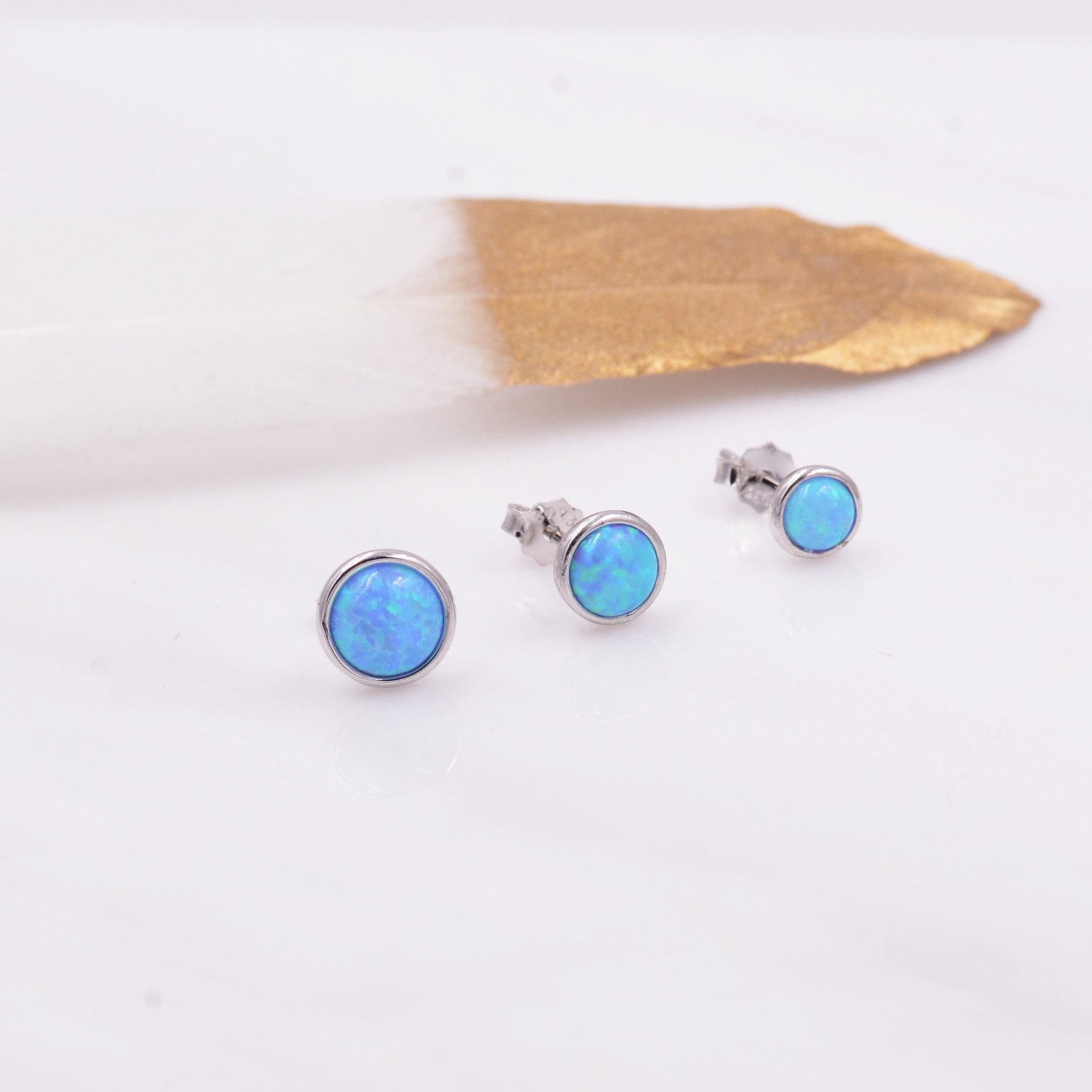 Sterling Silver Blue Opal Stone Crystal Stud Earrings. 4mm, 5mm and 6mm, Gold or Silver, Round Minimalist Opal Earings