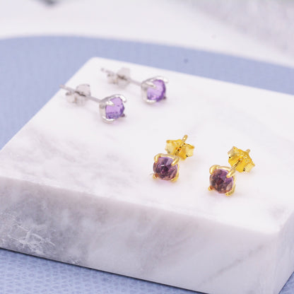Natural Amethyst Tiny Stud Earrings in Sterling Silver, Rose Cut Amethyst, Gold or Silver, Genuine Gemstone, Minimalist Geometric Design