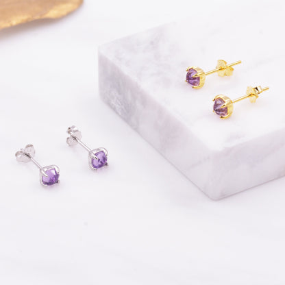 Natural Amethyst Tiny Stud Earrings in Sterling Silver, Rose Cut Amethyst, Gold or Silver, Genuine Gemstone, Minimalist Geometric Design