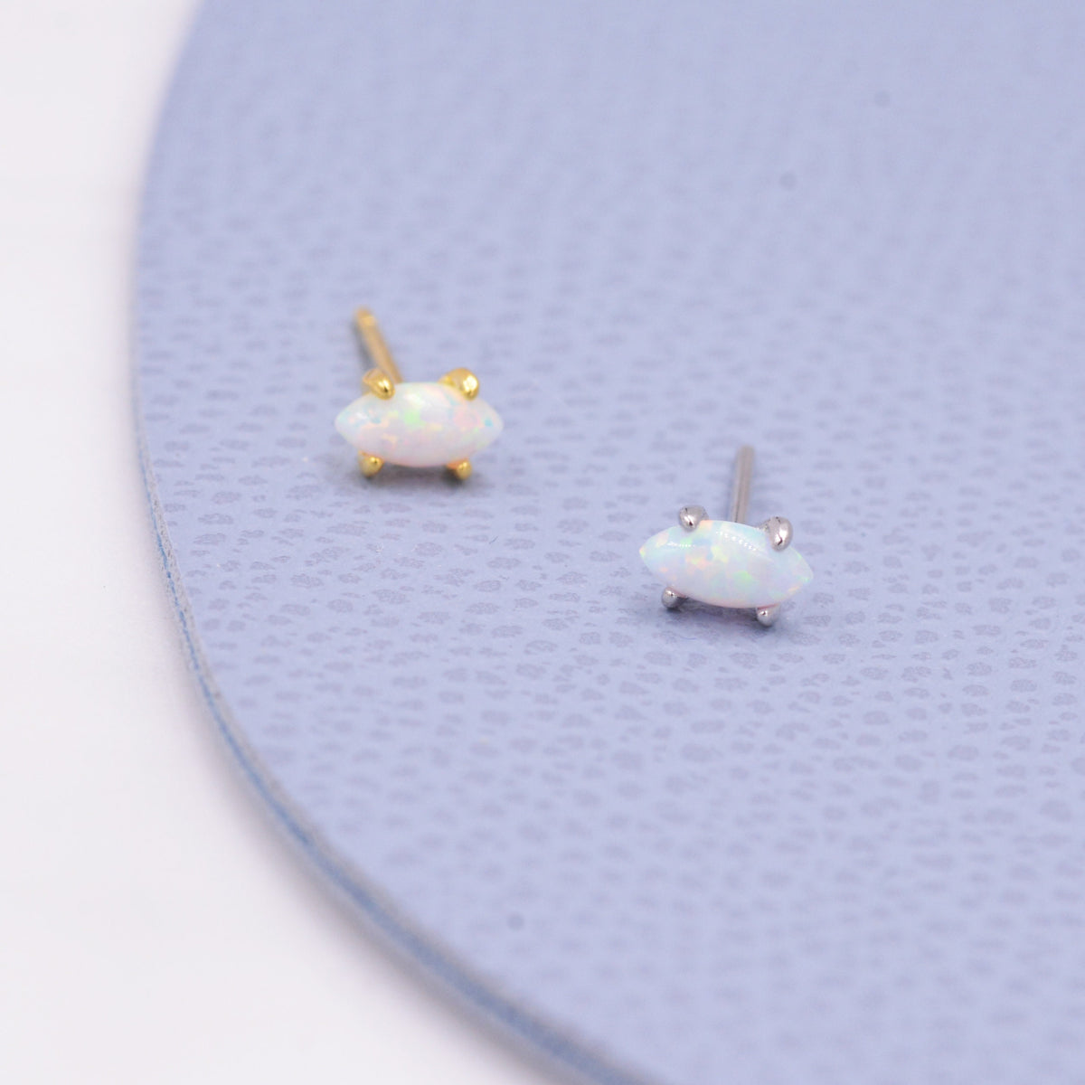 Sterling Silver Tiny White Opal Marquise Stud Earrings, Gold or Silver, Minimalist Geometric Design