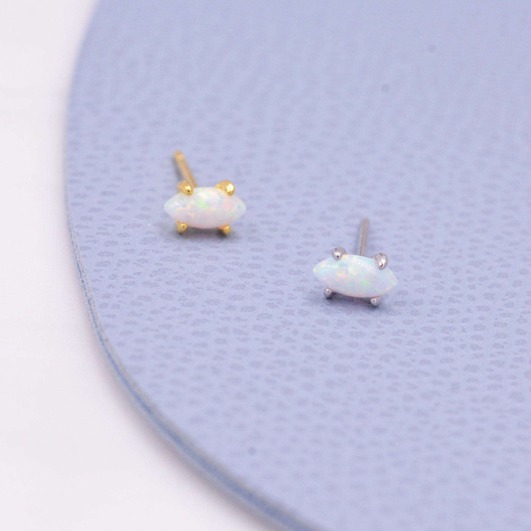 Sterling Silver Tiny White Opal Marquise Stud Earrings, Gold or Silver, Minimalist Geometric Design