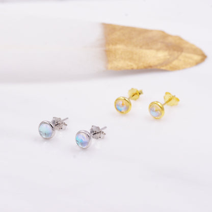 Sterling Silver Moonstone Stud Earrings, Gold or Silver, 4mm Simulated Moonstone Crystal Earrings, Minimalist