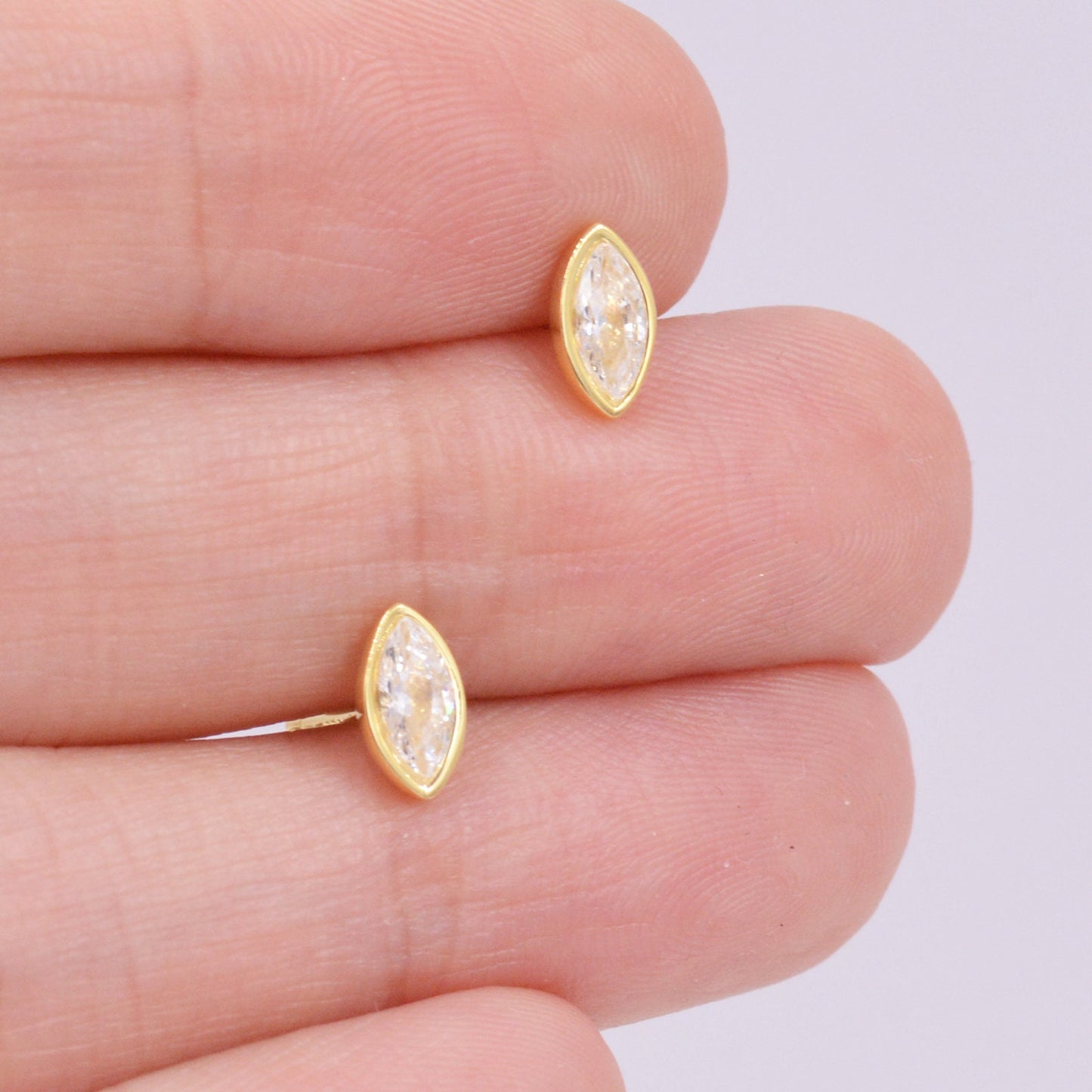 Sterling Silver White Topaz Marquise Stud Earrings, Gold or Silver, Minimalist Geometric Design