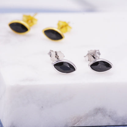 Black Spinel Crystal Marquise Stud Earrings in Sterling Silver, Gold or Silver, Minimalist Geometric Design