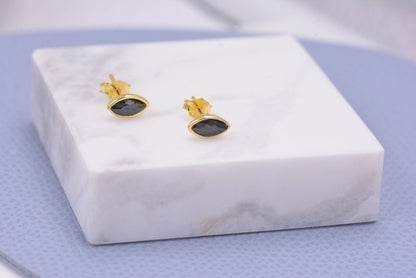 Black Spinel Crystal Marquise Stud Earrings in Sterling Silver, Gold or Silver, Minimalist Geometric Design