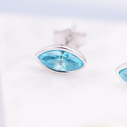 Blue Topaz Marquise Stud Earrings in Sterling Silver, Gold or Silver, Minimalist Geometric Design