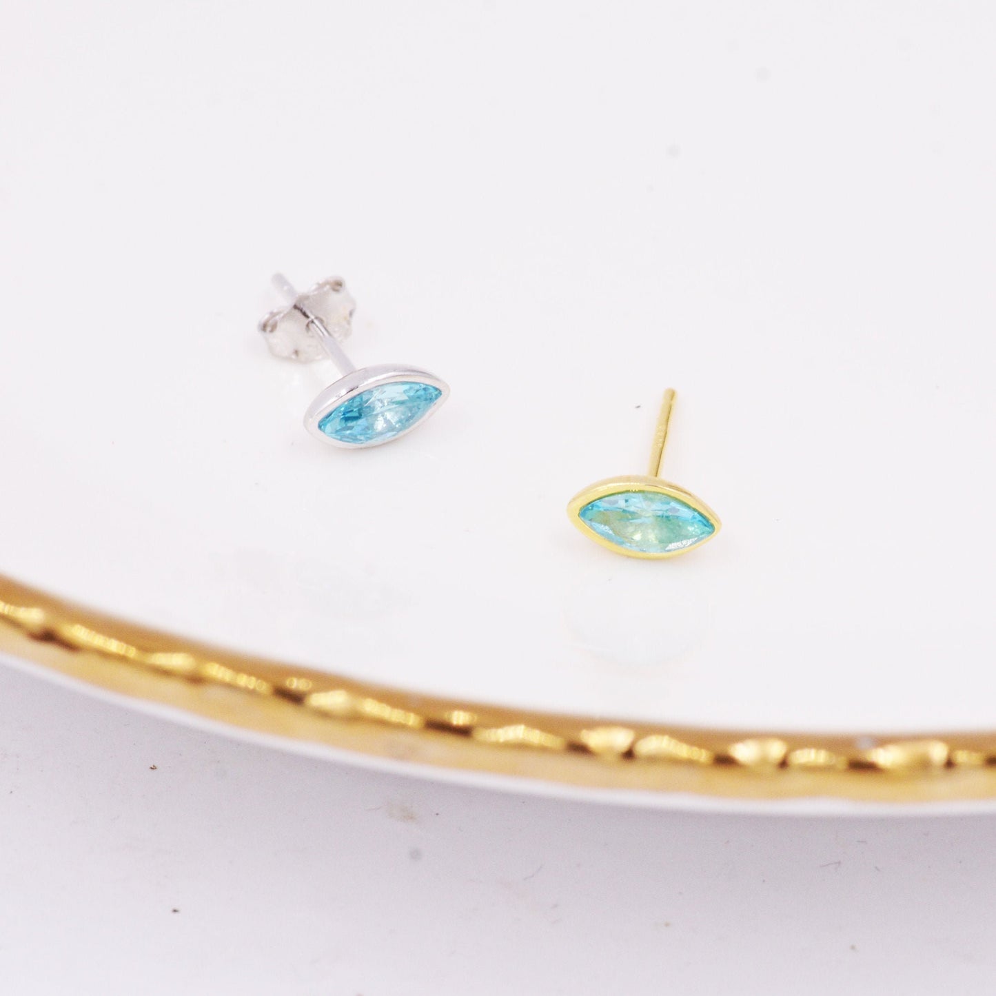 Blue Topaz Marquise Stud Earrings in Sterling Silver, Gold or Silver, Minimalist Geometric Design