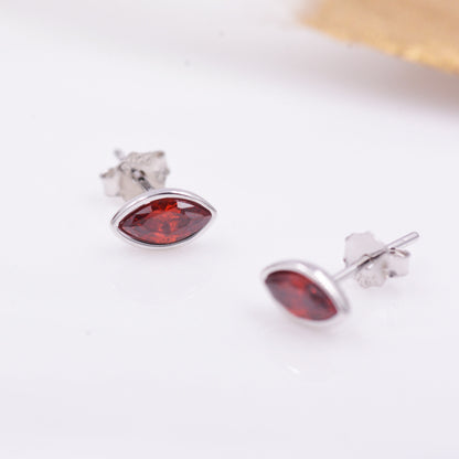 Ruby Red Marquise Stud Earrings in Sterling Silver, Gold or Silver, Minimalist Geometric Design