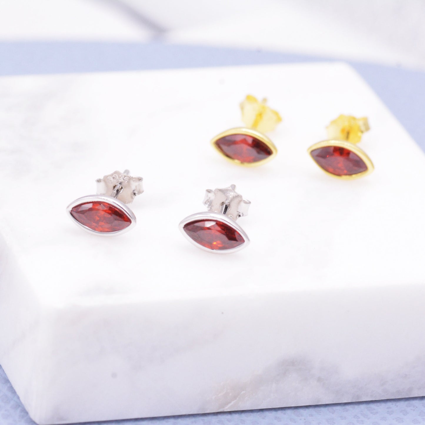 Ruby Red Marquise Stud Earrings in Sterling Silver, Gold or Silver, Minimalist Geometric Design