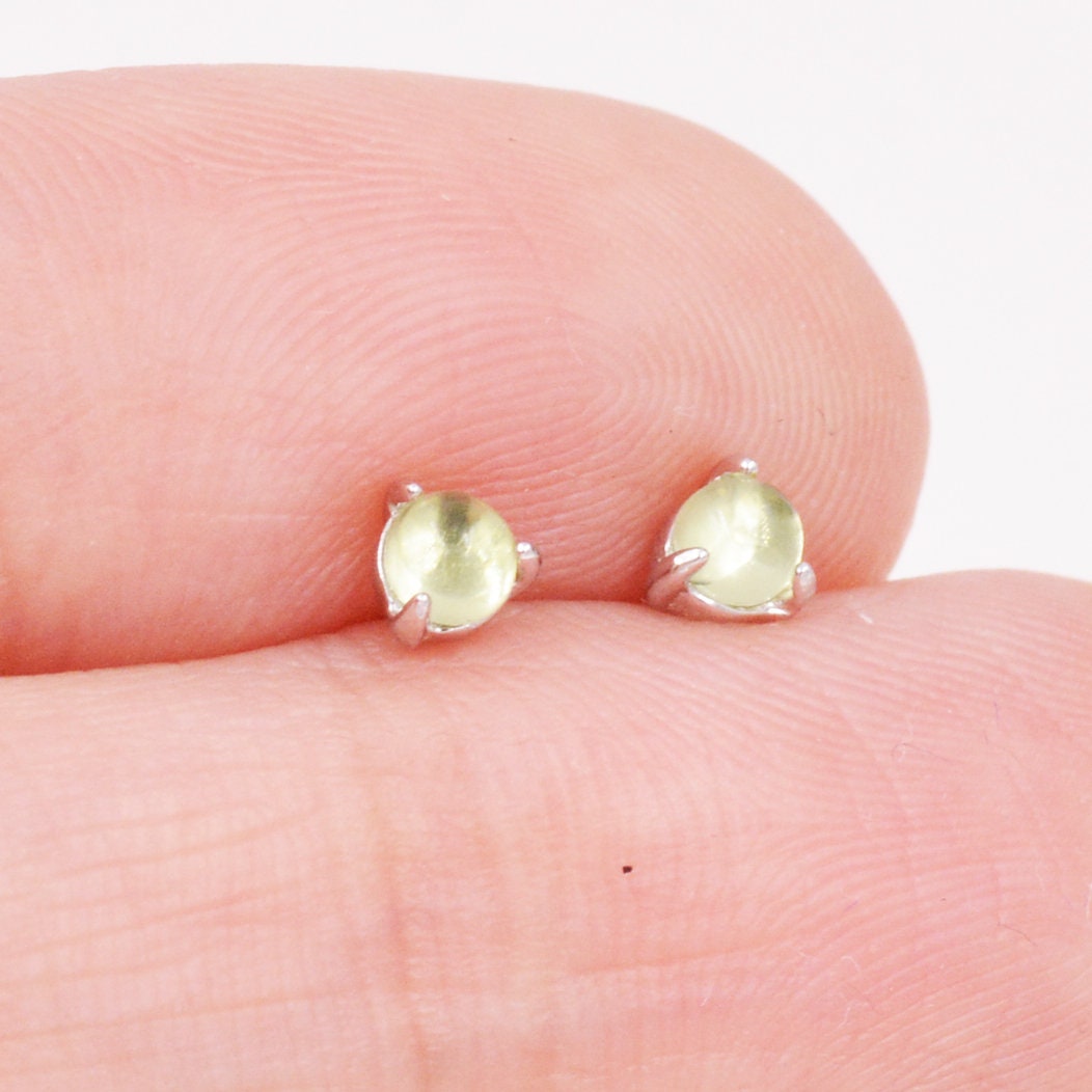 Genuine Green Peridot 3mm Tiny Stud Earrings in Sterling Silver, Real Peridot Crystals Stud, Semi-precious Gemstone, Simple, Minimalist,