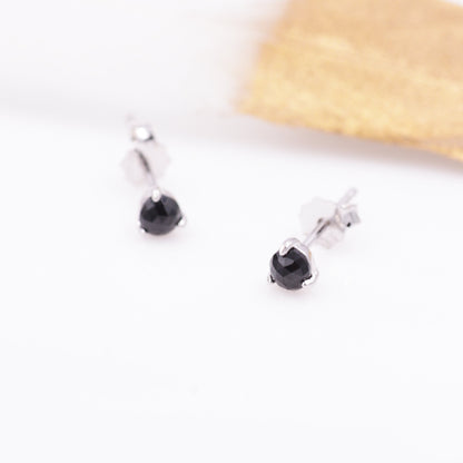 Genuine Black Spinel 3mm Tiny Stud Earrings in Sterling Silver, Rose Cut, Real Semi-precious Gemstone, Simple, Minimalist, Discreet