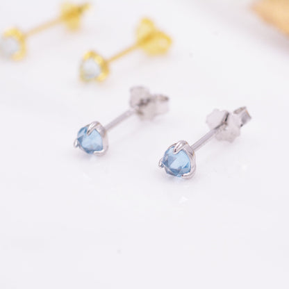 Genuine Blue Topaz 3mm Tiny Stud Earrings in Sterling Silver, Rose Cut Gemstone, Minimalist, Discreet