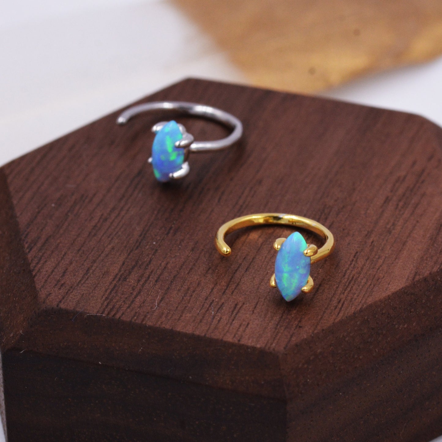 Minimalist Opal Marquise Huggie Hoop Threader Earrings in Sterling Silver, Gold or Silver, Pull Through Open Hoop Earrings, Blue Opal