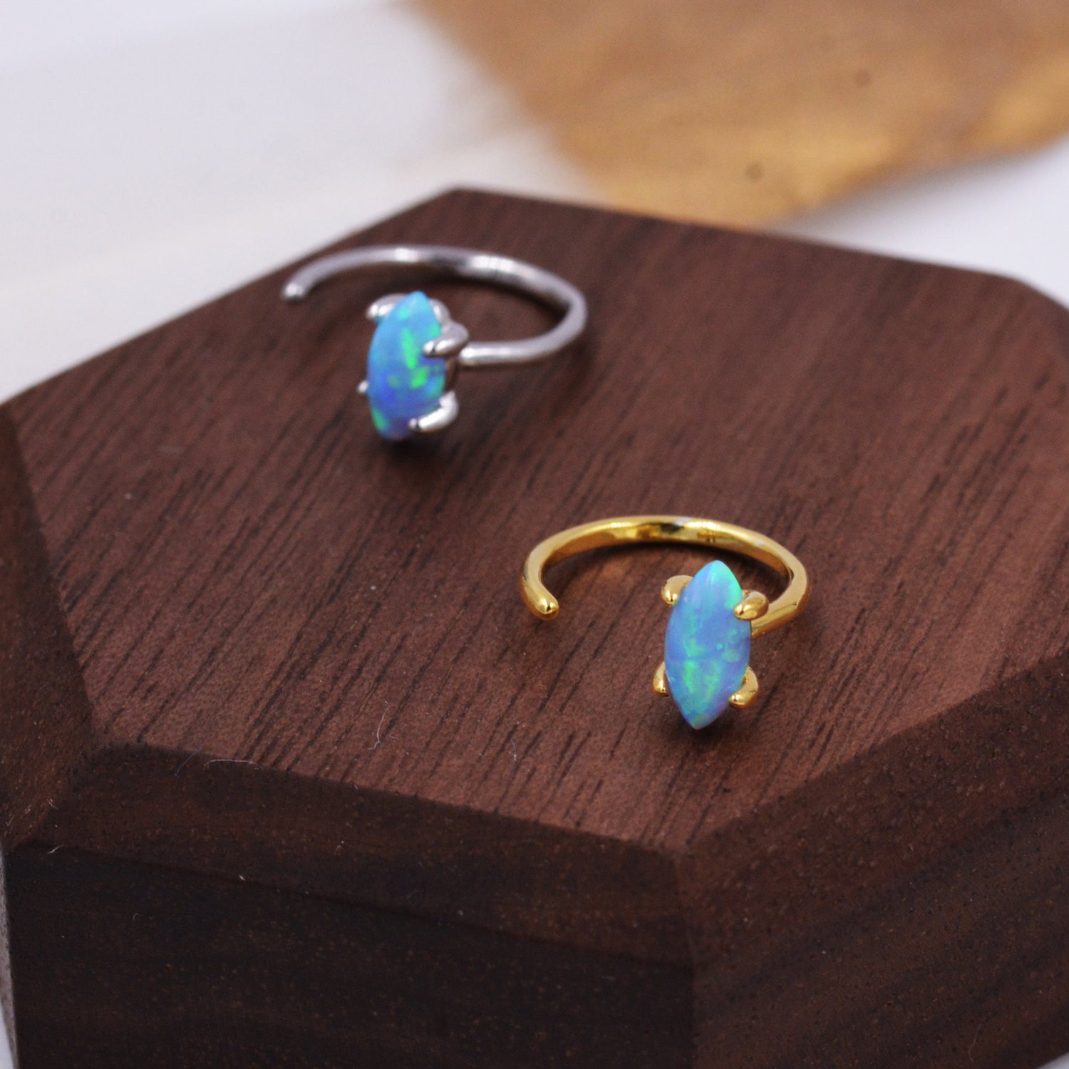 Minimalist Opal Marquise Huggie Hoop Threader Earrings in Sterling Silver, Gold or Silver, Pull Through Open Hoop Earrings, Blue Opal