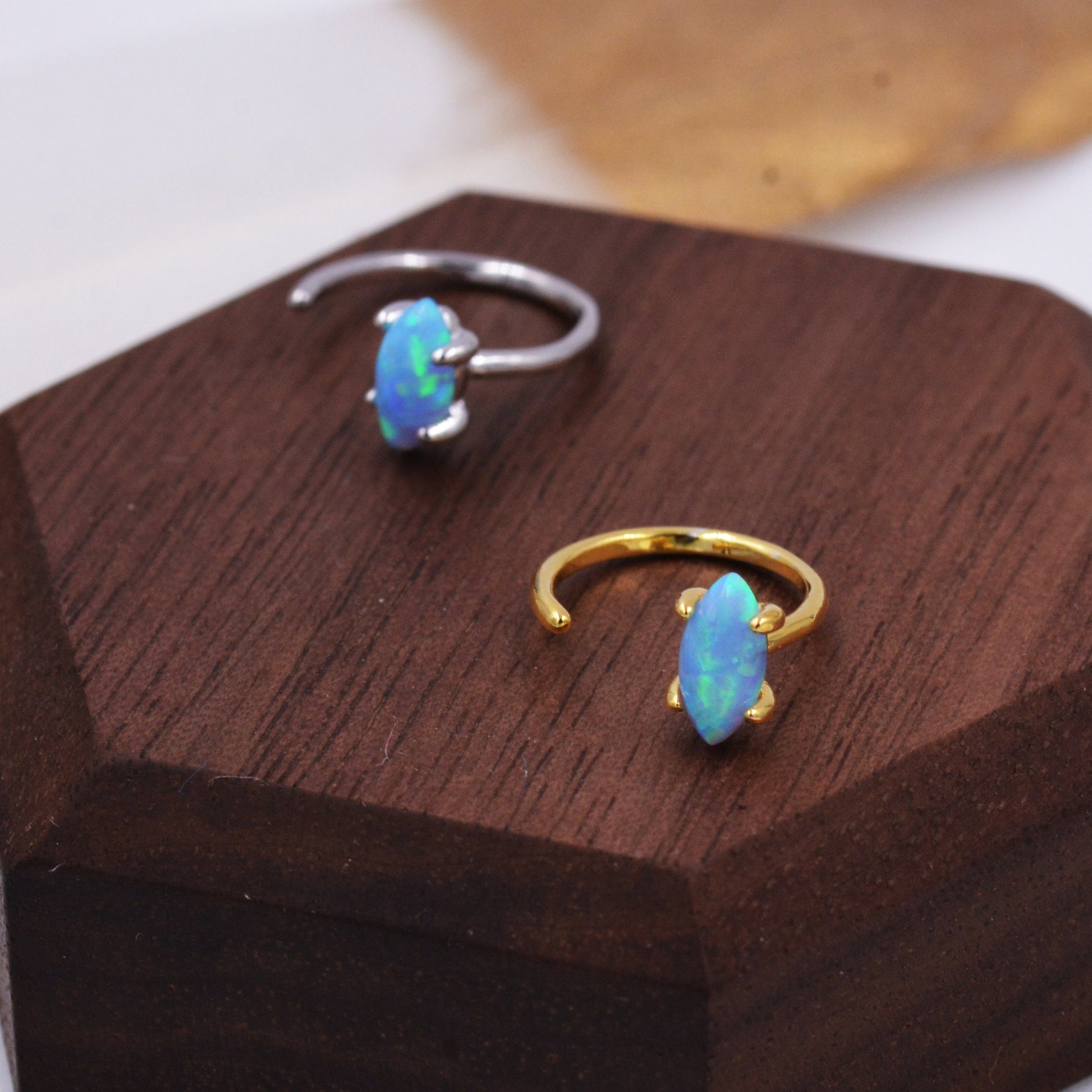 Minimalist Opal Marquise Huggie Hoop Threader Earrings in Sterling Silver, Gold or Silver, Pull Through Open Hoop Earrings, Blue Opal