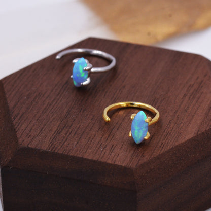 Minimalist Opal Marquise Huggie Hoop Threader Earrings in Sterling Silver, Gold or Silver, Pull Through Open Hoop Earrings, Blue Opal