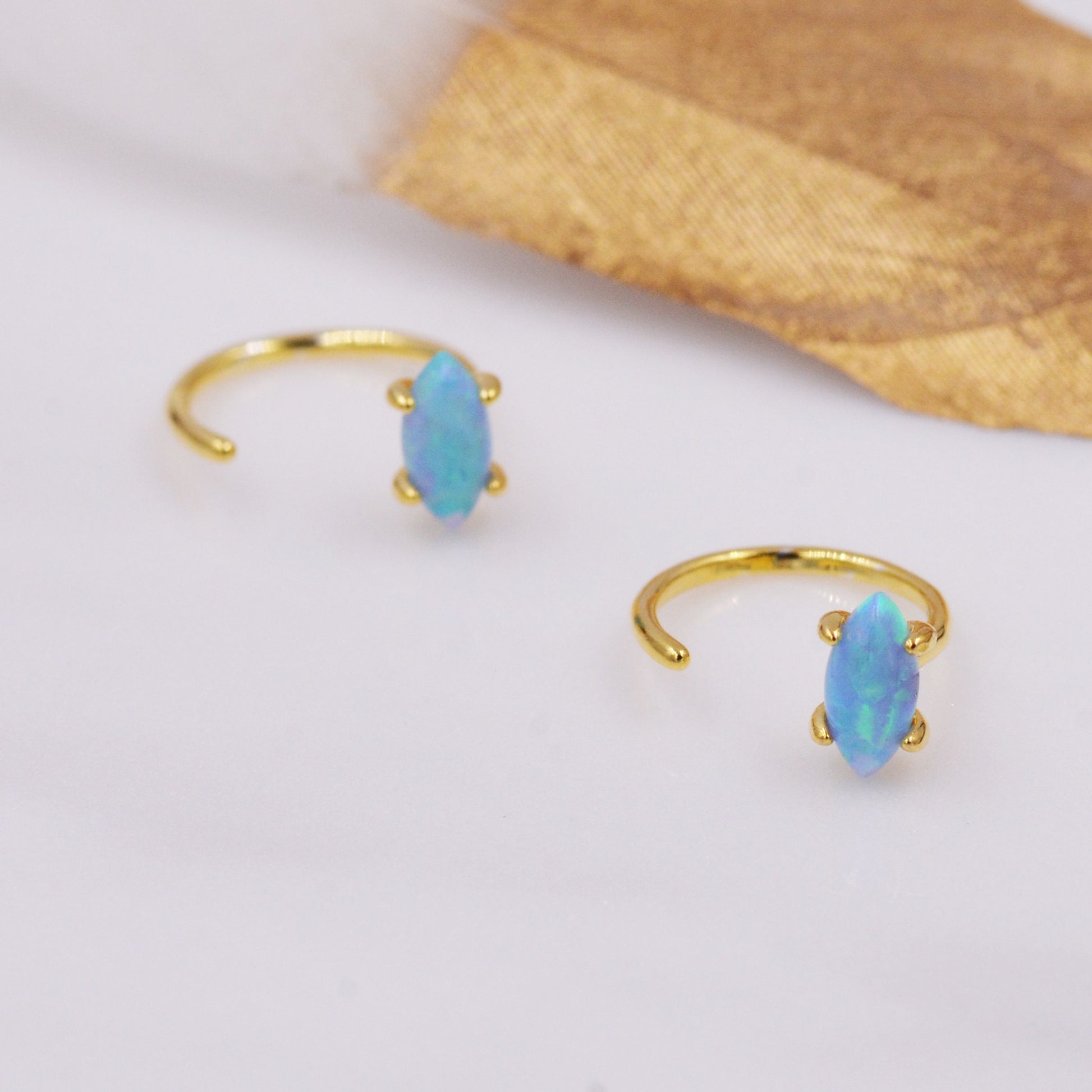 Minimalist Opal Marquise Huggie Hoop Threader Earrings in Sterling Silver, Gold or Silver, Pull Through Open Hoop Earrings, Blue Opal