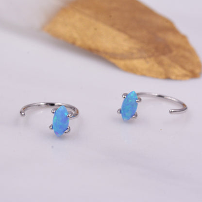 Minimalist Opal Marquise Huggie Hoop Threader Earrings in Sterling Silver, Gold or Silver, Pull Through Open Hoop Earrings, Blue Opal