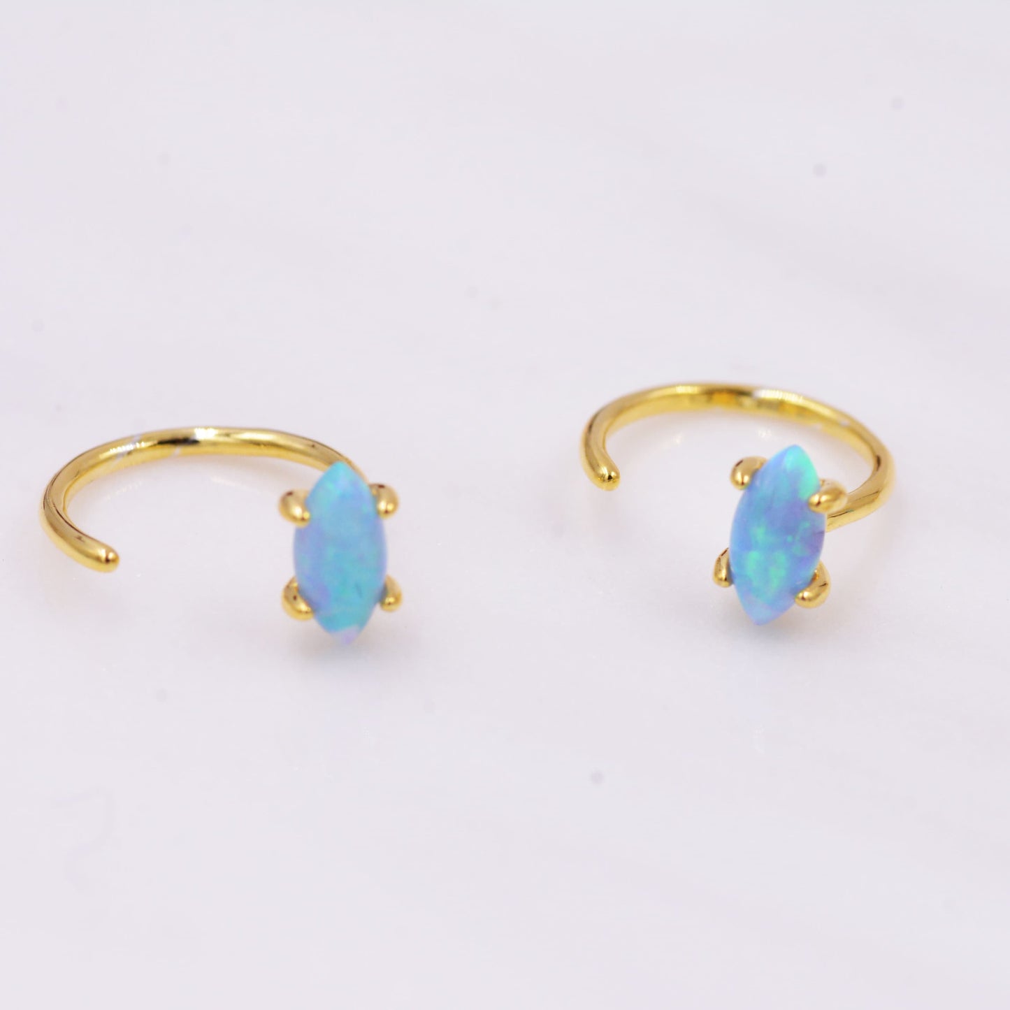 Minimalist Opal Marquise Huggie Hoop Threader Earrings in Sterling Silver, Gold or Silver, Pull Through Open Hoop Earrings, Blue Opal