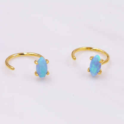 Minimalist Opal Marquise Huggie Hoop Threader Earrings in Sterling Silver, Gold or Silver, Pull Through Open Hoop Earrings, Blue Opal