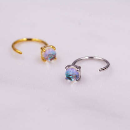 Colour Changing Crystal Huggie Hoop Threader Earrings in Sterling Silver, Simulated Moonstone, 4mm, Pull Through Open Hoops