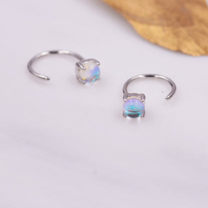 Colour Changing Crystal Huggie Hoop Threader Earrings in Sterling Silver, Simulated Moonstone, 4mm, Pull Through Open Hoops