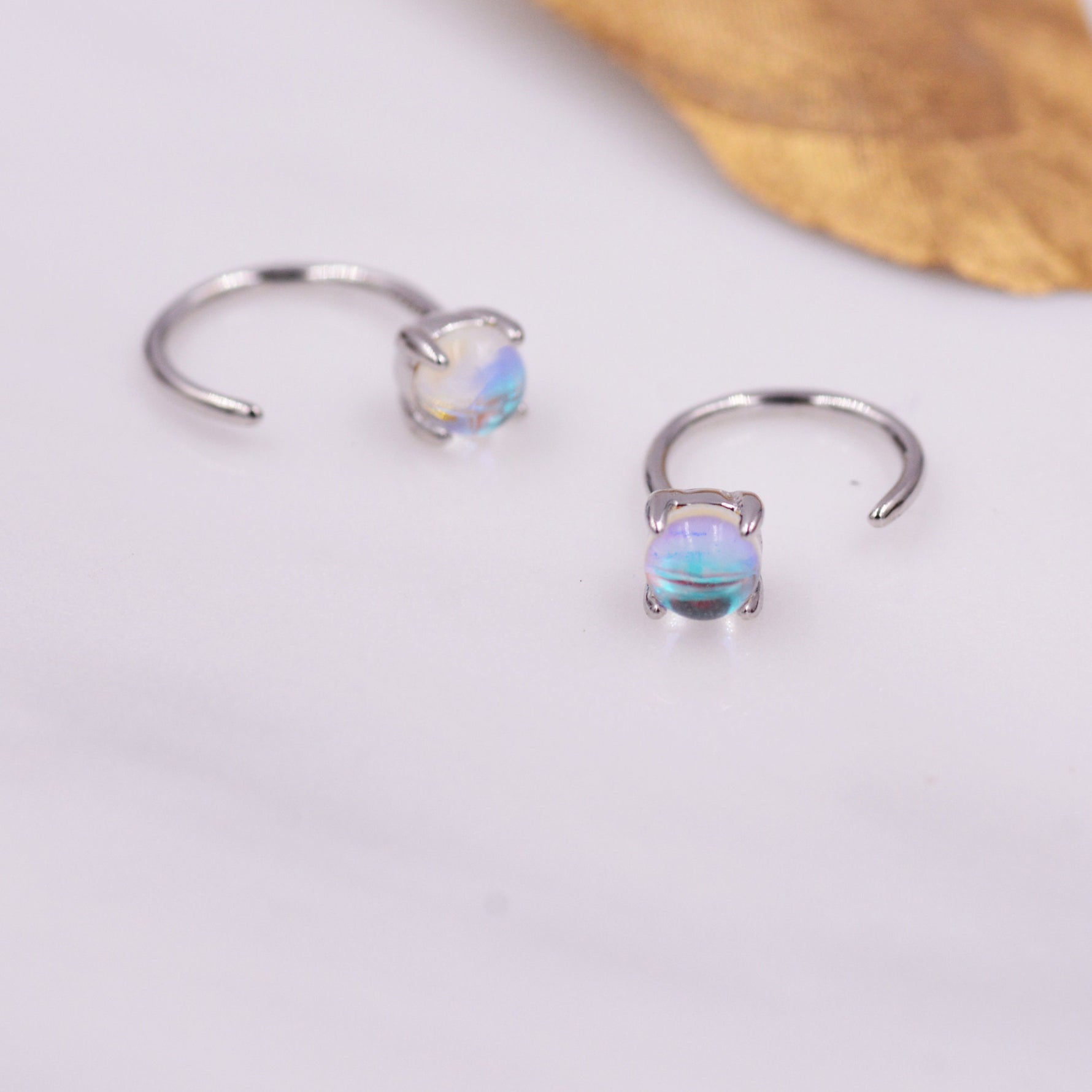 Colour Changing Crystal Huggie Hoop Threader Earrings in Sterling Silver, Simulated Moonstone, 4mm, Pull Through Open Hoops