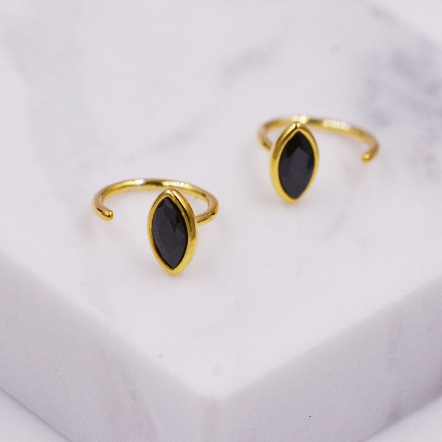 Black Spinel Crystal Marquise Huggie Hoop Threader Earrings in Sterling Silver, Gold or Silver, Pull Through Open Hoop Earrings