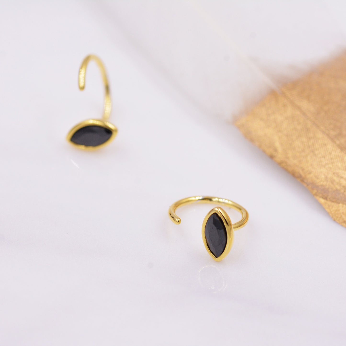 Black Spinel Crystal Marquise Huggie Hoop Threader Earrings in Sterling Silver, Gold or Silver, Pull Through Open Hoop Earrings