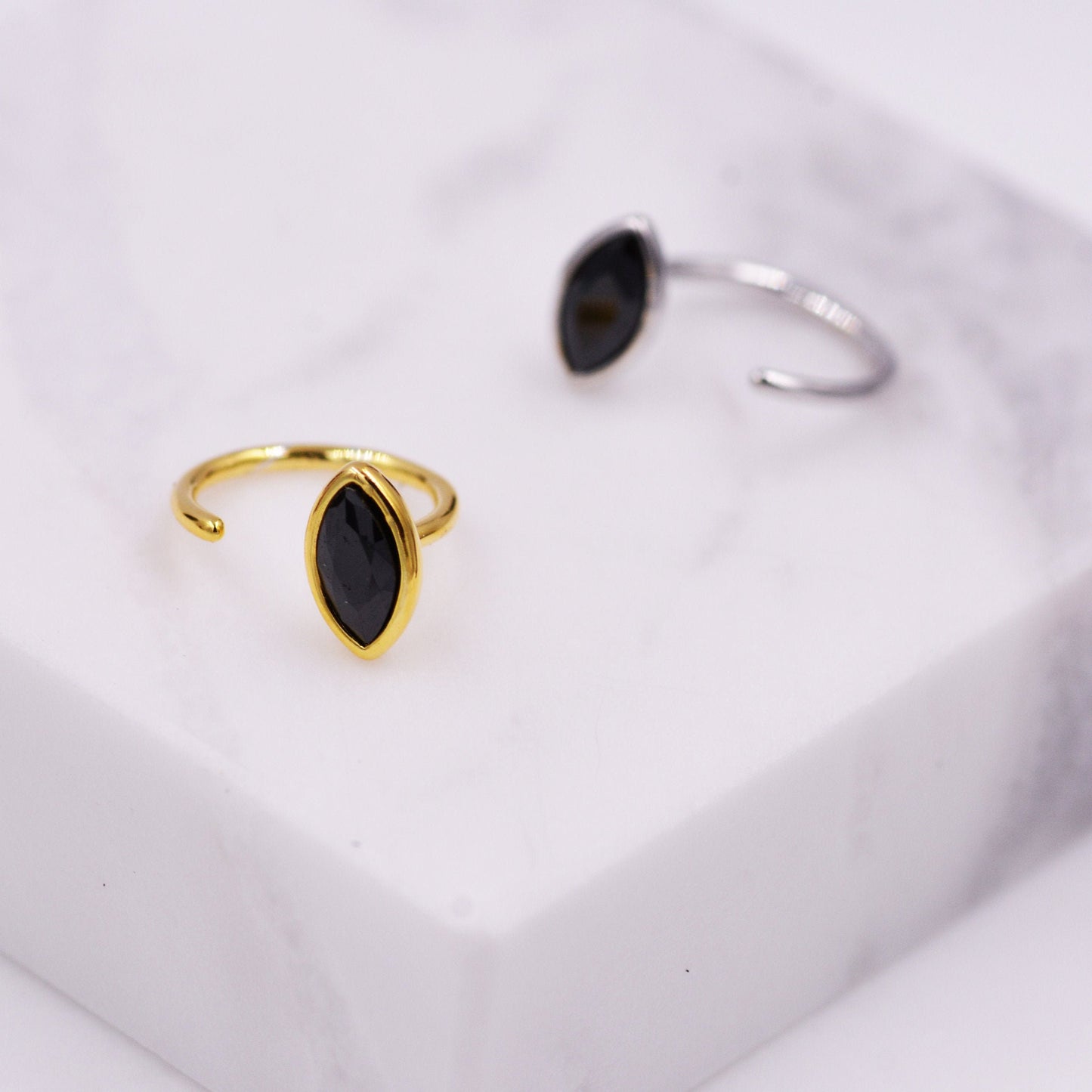 Black Spinel Crystal Marquise Huggie Hoop Threader Earrings in Sterling Silver, Gold or Silver, Pull Through Open Hoop Earrings