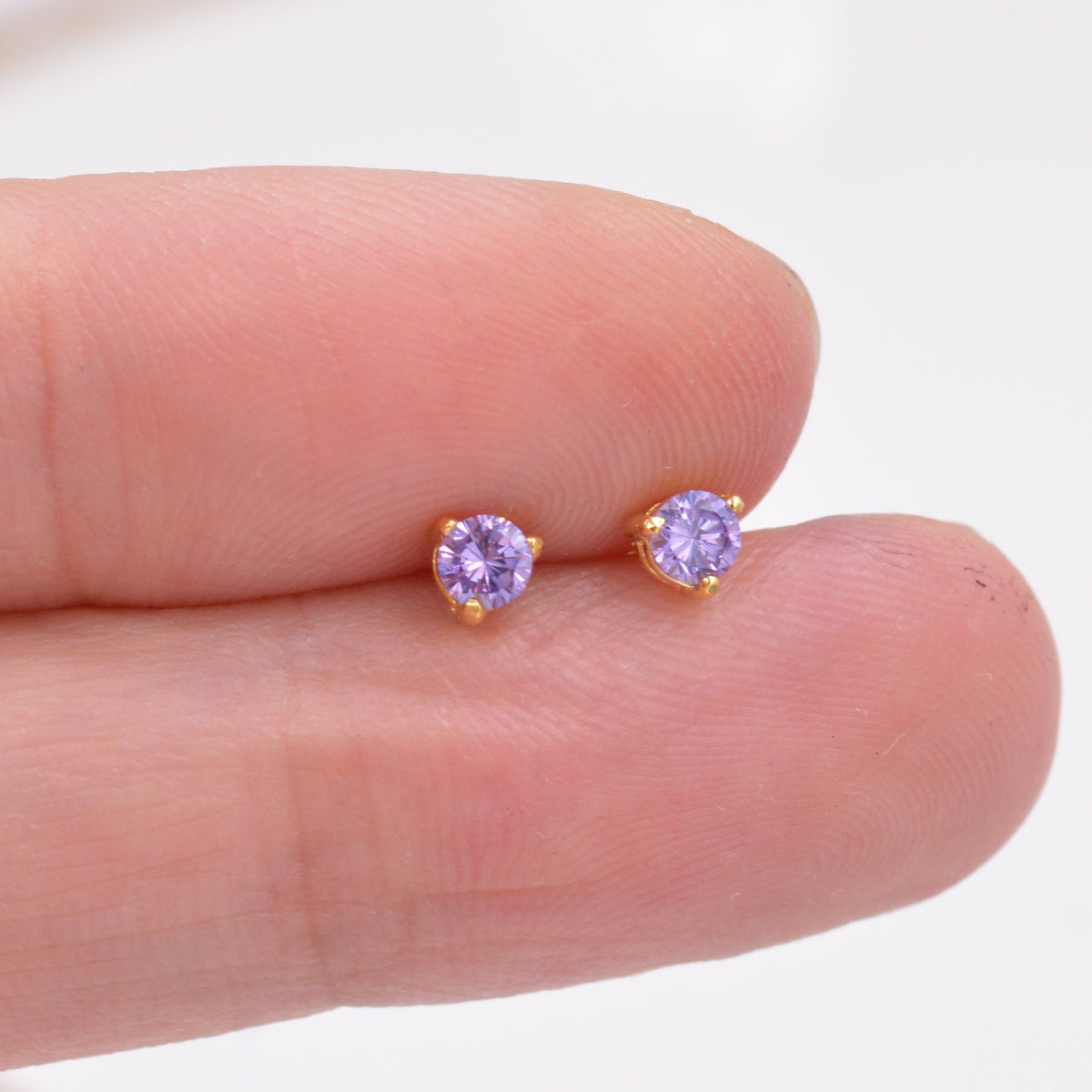 Amethyst Purple CZ Crystal Stud Earrings in Sterling Silver, 3mm Three Prong, Gold or Silver, Tiny Stud