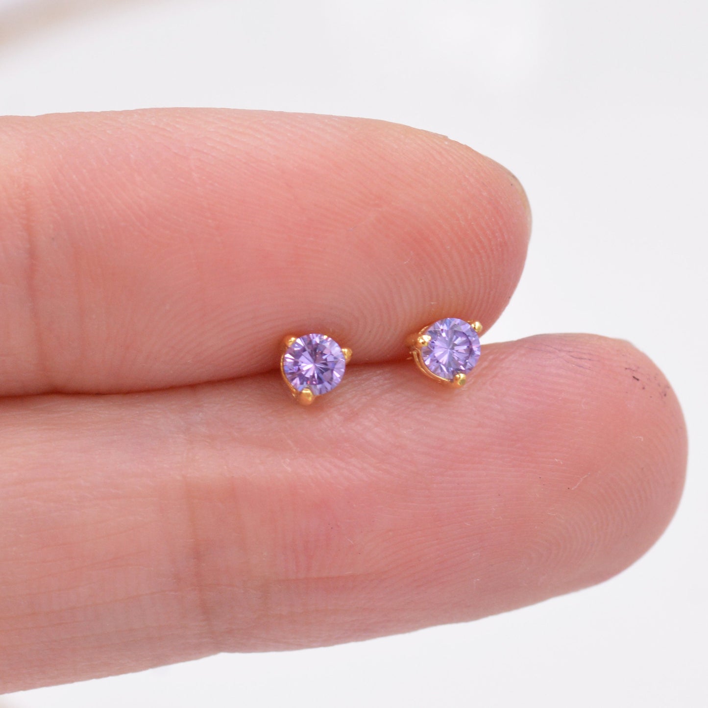 Amethyst Purple Crystal Stud Earrings in Sterling Silver, 3mm Three Prong, Gold or Silver, Tiny Stud