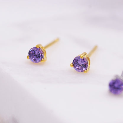 Amethyst Purple Crystal Stud Earrings in Sterling Silver, 3mm Three Prong, Gold or Silver, Tiny Stud