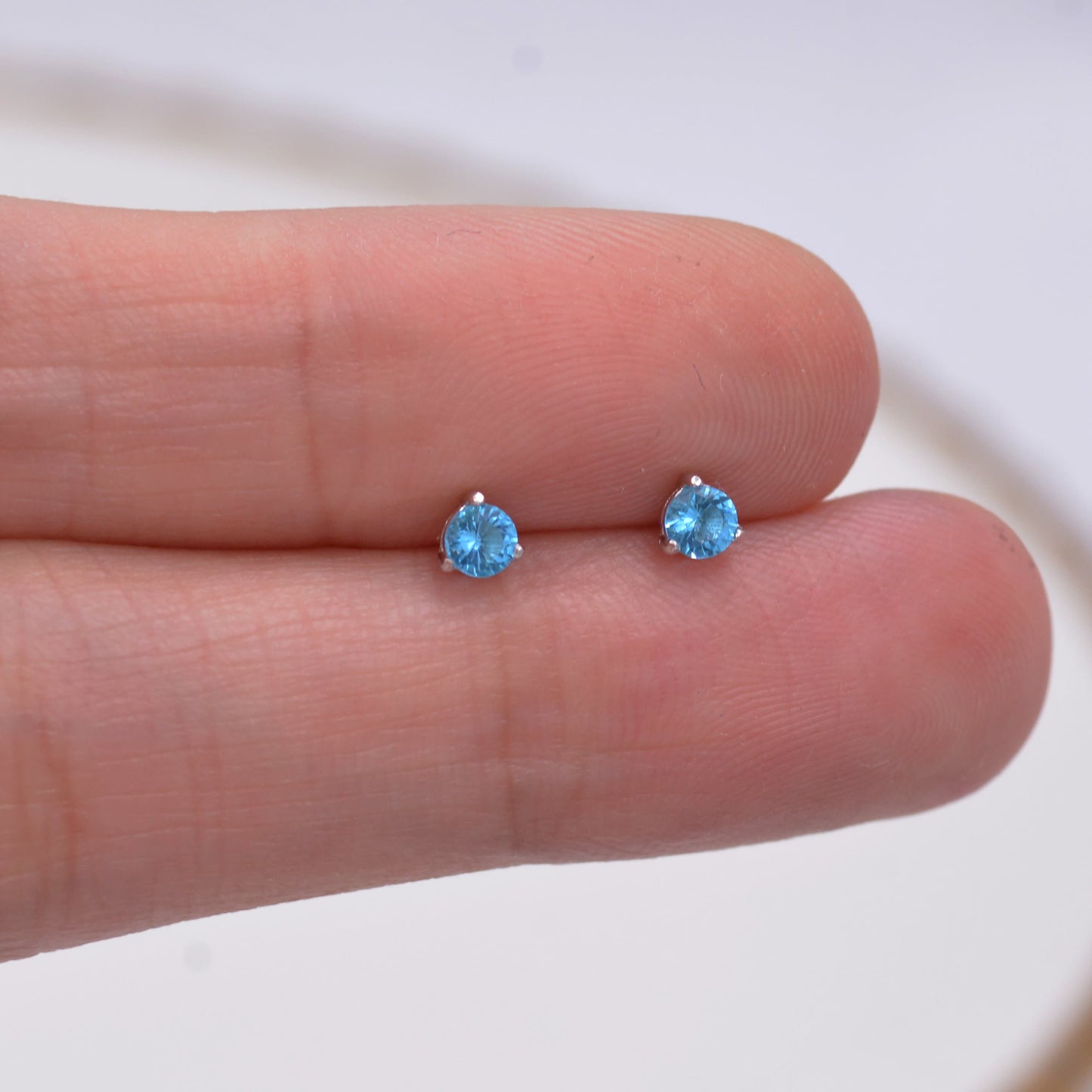 Topaz Blue Crystal Stud Earrings in Sterling Silver, 3mm Three Prong, Gold or Silver, Tiny Stud