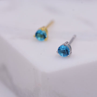 Topaz Blue Crystal Stud Earrings in Sterling Silver, 3mm Three Prong, Gold or Silver, Tiny Stud