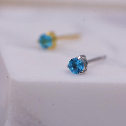 Topaz Blue Crystal Stud Earrings in Sterling Silver, 3mm Three Prong, Gold or Silver, Tiny Stud