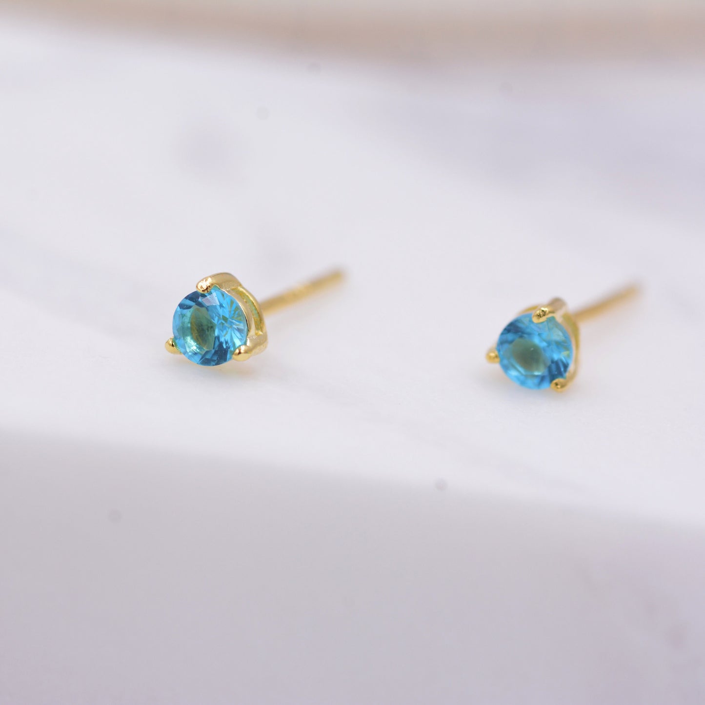 Topaz Blue Crystal Stud Earrings in Sterling Silver, 3mm Three Prong, Gold or Silver, Tiny Stud