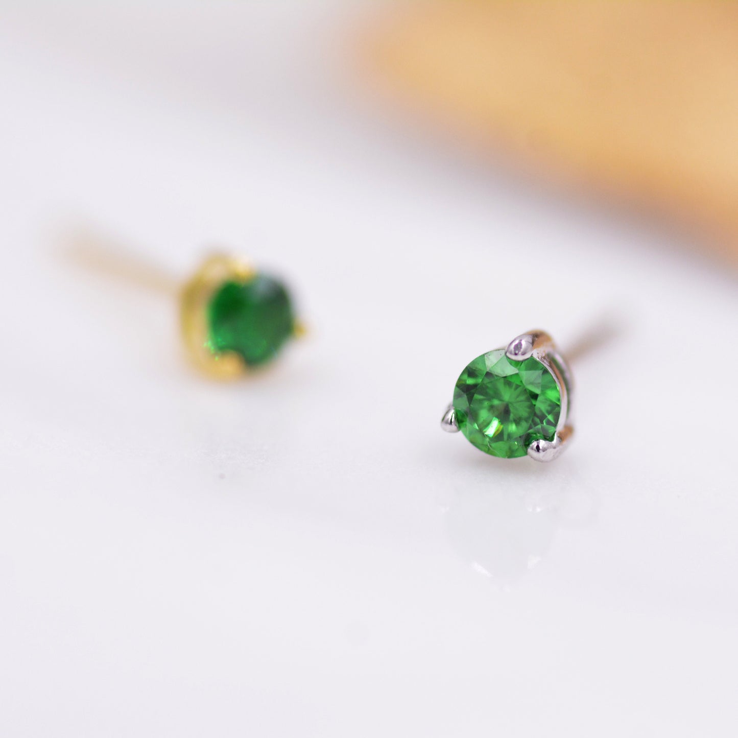 Emerald Green CZ Crystal Stud Earrings in Sterling Silver, 3mm Three Prong, Gold or Silver, Tiny Stud