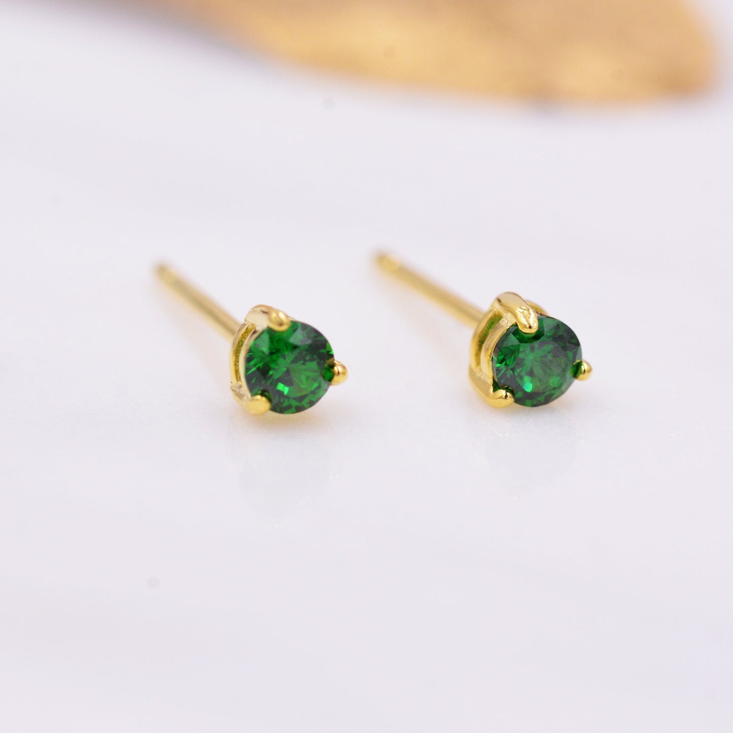 Emerald Green CZ Crystal Stud Earrings in Sterling Silver, 3mm Three Prong, Gold or Silver, Tiny Stud