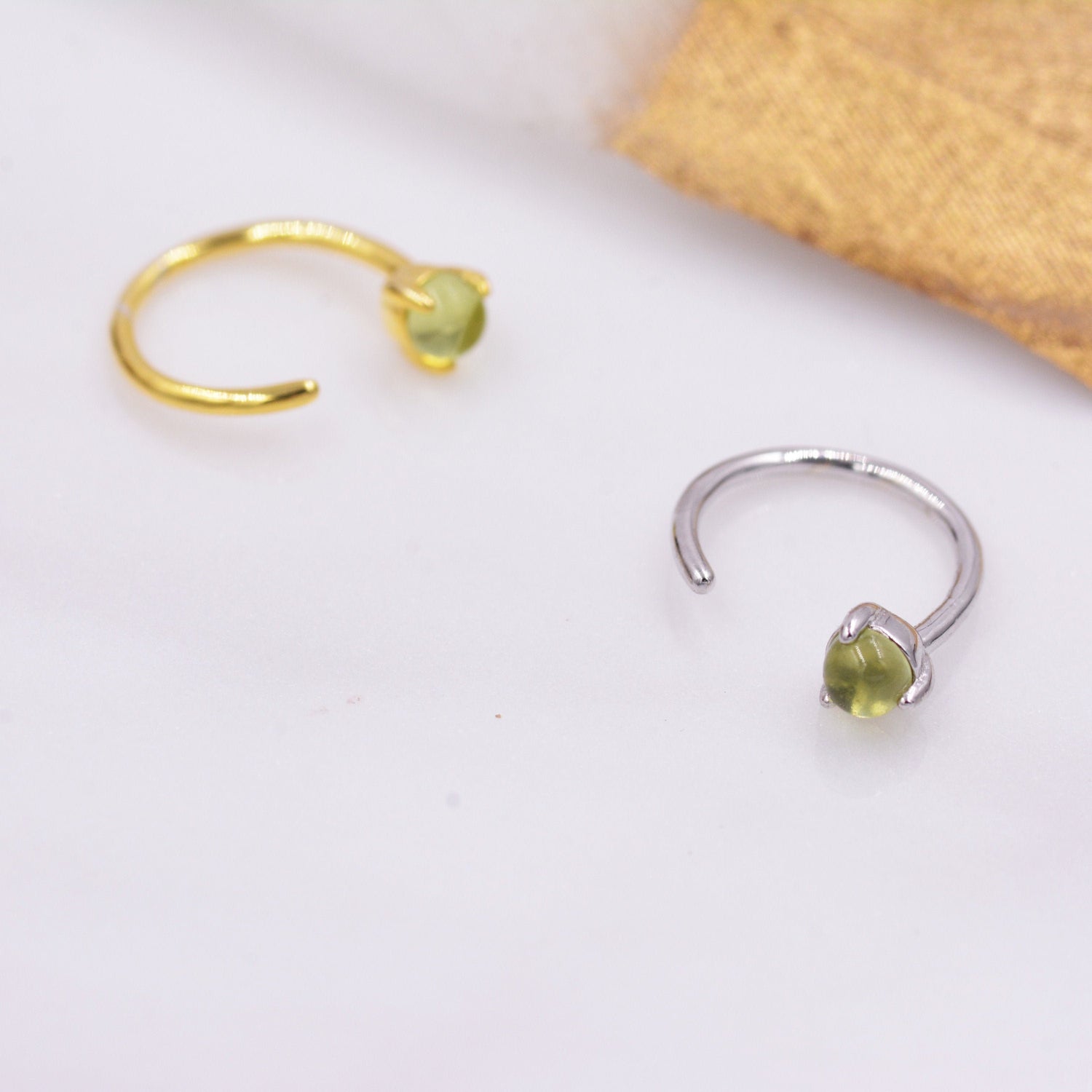 Natural Peridot Huggie Hoop Threader Earrings in Sterling Silver, 3mm Three Prong, Gold or Silver, Pull Through Open Hoops