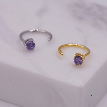 Lilac Amethyst Purple Crystal Huggie Hoop Threader Earrings in Sterling Silver, 3mm Three Prong, Gold or Silver, Pull Through Open Hoops