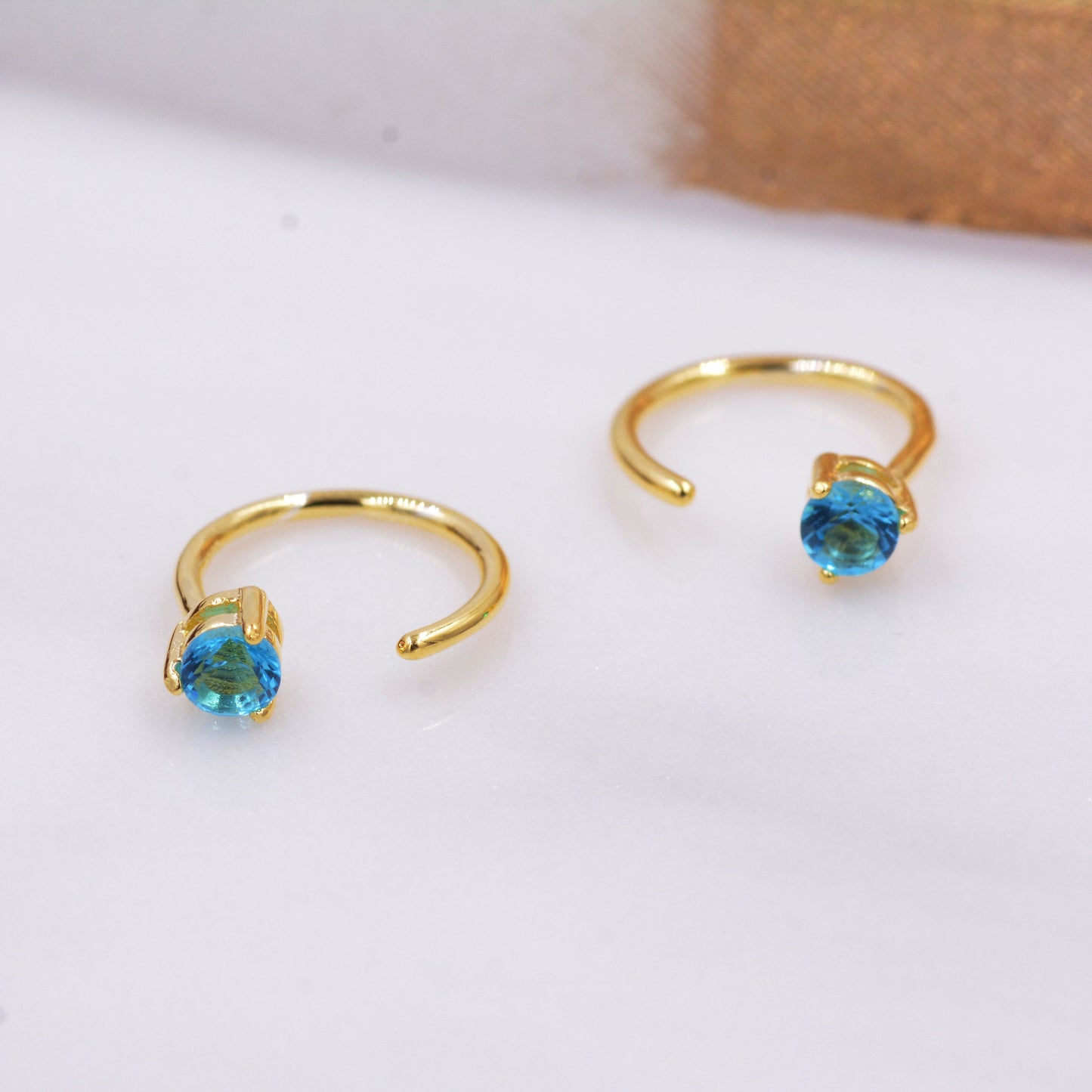 Aquamarine Blue Crystal Huggie Hoop Threader Earrings in Sterling Silver, 3mm Three Prong, Gold or Silver, Pull Through Open Hoops