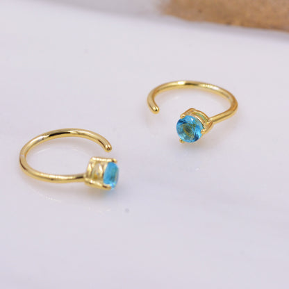 Aquamarine Blue Crystal Huggie Hoop Threader Earrings in Sterling Silver, 3mm Three Prong, Gold or Silver, Pull Through Open Hoops