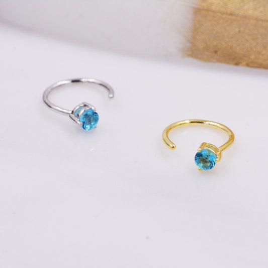 Aquamarine Blue Crystal Huggie Hoop Threader Earrings in Sterling Silver, 3mm Three Prong, Gold or Silver, Pull Through Open Hoops