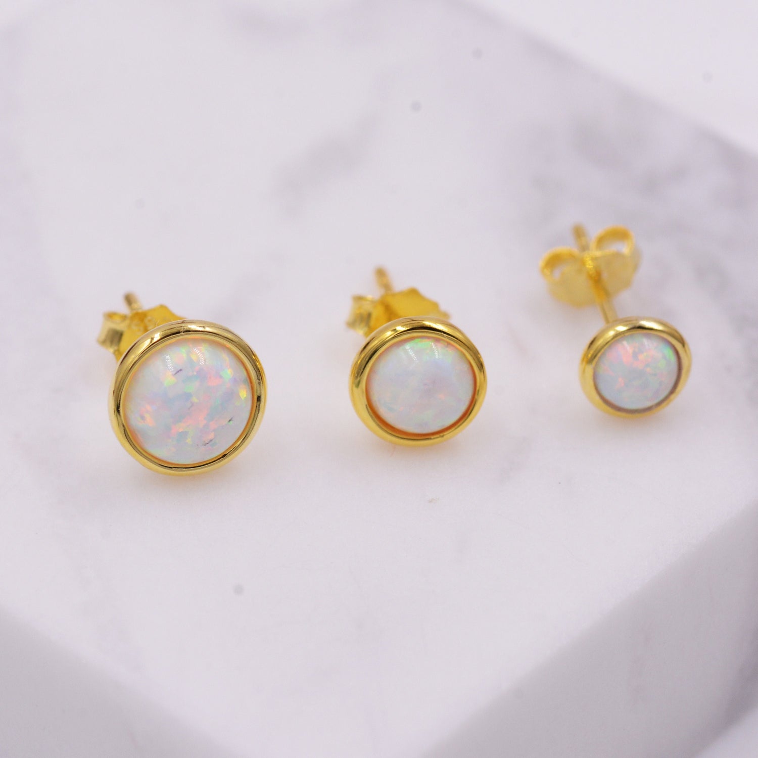 Sterling Silver White Opal  Stone Crystal Stud Earrings. Gold Vermeil, Round Minimalist Dot Geometric Design. bridesmaid jewellery.